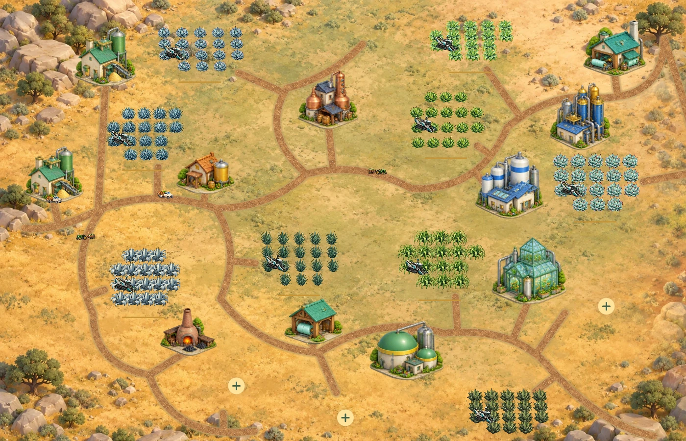 Rendered progressed test farm in Agave Empire with agave fields and facilities